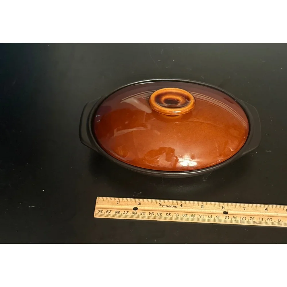 Vintage Ceramic Oval Casserole Dish with Lid Amber Brown and Matte Black 7.5in
